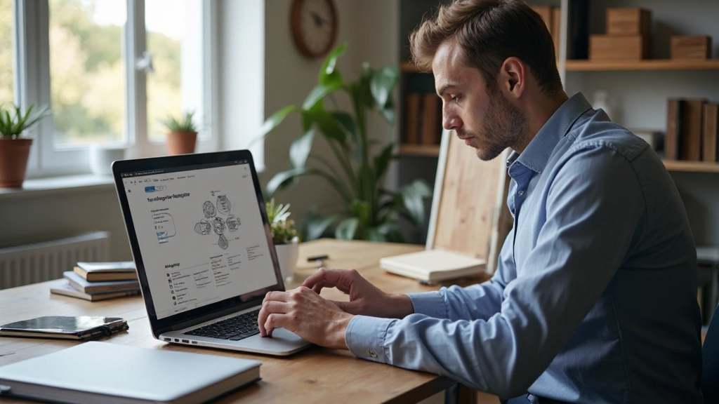 Designer profissional trabalhando em tipografia e hierarquia visual em laptop moderno com ambiente de escritório criativo